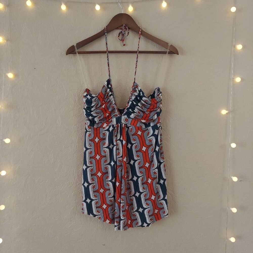 T-Bags Y2K Printed  Braided Halter Top Rayon Raw Hem Blue Red Sz Large